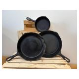 3 Cast Iron Skillets - (1) 10 1/2 inch, (1) number 7 and (1) number 3 which is 6 5/8 inch