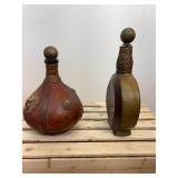 Two vintage Italian leather wrapped decanter bottles made in Italy