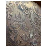 Working Hampden railroad pocket watch with engraved cabin motif