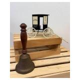 Antique handheld brass school Bell cast-iron and mailman John Deere wagon