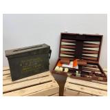 Miscellaneous lot of backgammon game and metal military ammo storage