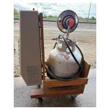 Homemade portable heating unit contains propane tank, Mr. sunny and attached furnace