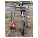 Multiple piece lot, including electric Black & Decker yard edger very heavy duty craftsman gas, powered Weedwhacker to metal collapsible sawhorses made by EBCO