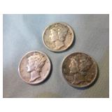 Three Silver Mecury Dimes