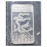 HALF TROY OZ .999 FINE SILVER 2012 YEAR OF THE DRAGON BAR
