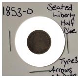 1853-O Seated Liberty Half Dime, Type 3, with Arrows at the Date.