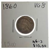 1860 Indian Head Cent, graded VG 8 and AG 3.