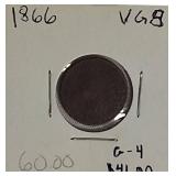 1866 Indian Head Cent, graded between Very Good 8 (VG8) and Good 4 (G4).