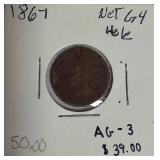 1867 Indian Head Cent, Net Grade G4, with a hole, AG-3.