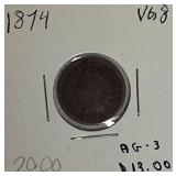1874 Indian Head Cent, graded VG8 and AG3.