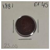 1818 Indian Head Cent in EF45 condition and 1882 Indian Head Cent in AG-3 to G4 condition.