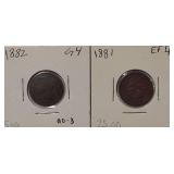 1818 Indian Head Cent in EF45 condition and 1882 Indian Head Cent in AG-3 to G4 condition.