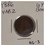 1885 Indian Head Cent, AG-3, P-1 ; 1886 Indian Head Cent, Variety 2, G-4, bent, AG-3..