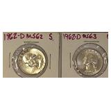 1962-D MS62 & 1962-D MS63 Washington Silver  Quarters