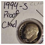 1992 to 1995 Roosevelt Dime Clad Proofs from the San Francisco Mint.