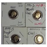 1996 ,1997, 1999 & 2000  Roosevelt Dime Clad Proofs from the San Francisco Mint.