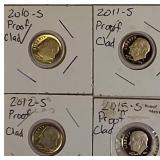 2010,2011,2012 & 2015  Roosevelt Dime Clad Proofs from the San Francisco Mint.