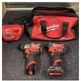 Milwaukee M12 Fuel Cordless Drill and Impact Driver Set with Batteries, Charger, and Bag