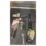Lot of Hand Tools: Hammer, Staplers, Pipe Wrench, Crowbar, Pliers, Wrench, Gloves