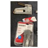 Lot of Hand Tools: Hammer, Staplers, Pipe Wrench, Crowbar, Pliers, Wrench, Gloves