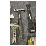 Lot of Hand Tools: Hammer, Staplers, Pipe Wrench, Crowbar, Pliers, Wrench, Gloves