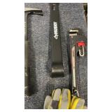 Lot of Hand Tools: Hammer, Staplers, Pipe Wrench, Crowbar, Pliers, Wrench, Gloves