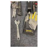 Lot of Hand Tools: Hammer, Staplers, Pipe Wrench, Crowbar, Pliers, Wrench, Gloves