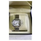 Silver Tone Wristwatch with Roman Numeral Dial and Crystal Accents in Display Box