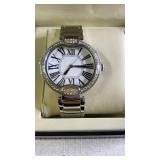 Silver Tone Wristwatch with Roman Numeral Dial and Crystal Accents in Display Box
