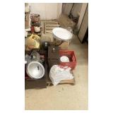 Commercial Kitchen Supply Lot with Chafers, Plates, Utensils, and Beverage Dispensers