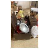 Commercial Kitchen Supply Lot with Chafers, Plates, Utensils, and Beverage Dispensers