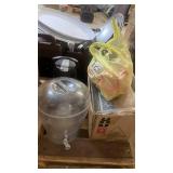Commercial Kitchen Supply Lot with Chafers, Plates, Utensils, and Beverage Dispensers