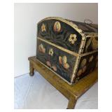 Antique Painted Folk Art Dome Top Wooden Chest on Stand
