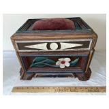 Antique Folk Art Wooden Sewing Box with Pincushion and Floral Detail