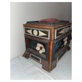 Antique Folk Art Wooden Sewing Box with Pincushion and Floral Detail
