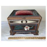 Antique Folk Art Wooden Sewing Box with Pincushion and Floral Detail