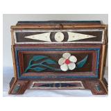 Antique Folk Art Wooden Sewing Box with Pincushion and Floral Detail