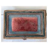 Antique Folk Art Wooden Sewing Box with Pincushion and Floral Detail