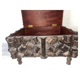 Antique Folk Art Spool Work Sewing Box with Upholstered Top