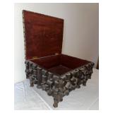 Antique Folk Art Spool Work Sewing Box with Upholstered Top