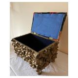Antique Tramp Art Sewing Box with Velvet Patchwork Lid and Spool Accents