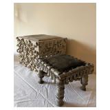 Set of 2 Antique Footstools with Carved Wood Frames and Upholstered Tops