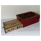 Vintage Red Wooden Tool Caddy with Drawer and Handle