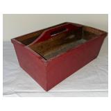 Vintage Red Wooden Tool Caddy with Drawer and Handle