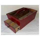 Vintage Red Wooden Tool Caddy with Drawer and Handle