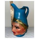 Vintage Lady Head Face Pitcher Blue and Hand-Painted Ceramic Jug