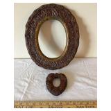 Set of 2 Hand-Carved Wooden Picture Frames, Oval and Heart Shaped