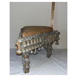 Antique Triangular Wood and Upholstered Stool with Ornate Spool Turned Details