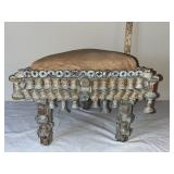 Antique Triangular Wood and Upholstered Stool with Ornate Spool Turned Details