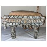 Antique Triangular Wood and Upholstered Stool with Ornate Spool Turned Details